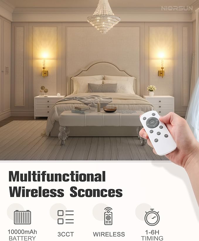 Crystal-Inspired Bubble Wireless Wall Sconces, 10000mAh Battery Operated Wall Sconces Set of 2, 3 Color Temps Rechargeable Wall Lights with Remote, Dimmable Wall Lamp for Living Room Bedroom