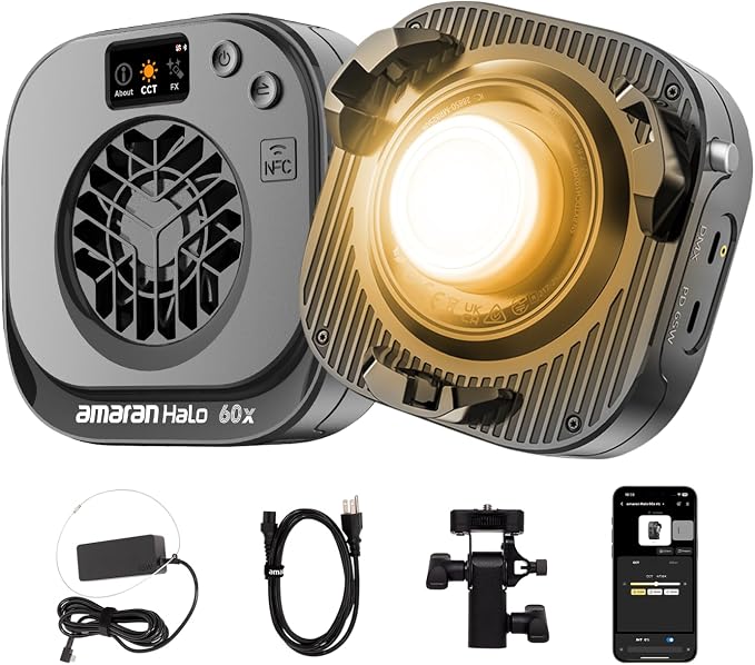 amaran Halo 60x COB LED Video Light,Compact 63W Bi-Color Studio Lighting | 2,700K - 6,500K Bowens Mount, APP Control Continuous Light for Photography,YouTube,Content Creation,Vlog