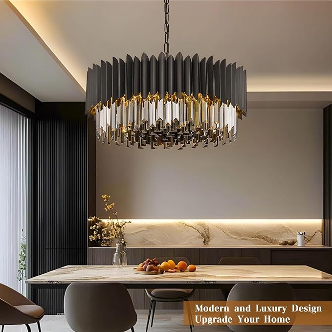8-Light Large Crystal Chandeliers 24" Dining Room Light Fixture 5 Tiers Flush Mount Smoke Gray and Black Crystal Chandelier Round Pendant Light for Kitchen Living Room Entryway Foyer