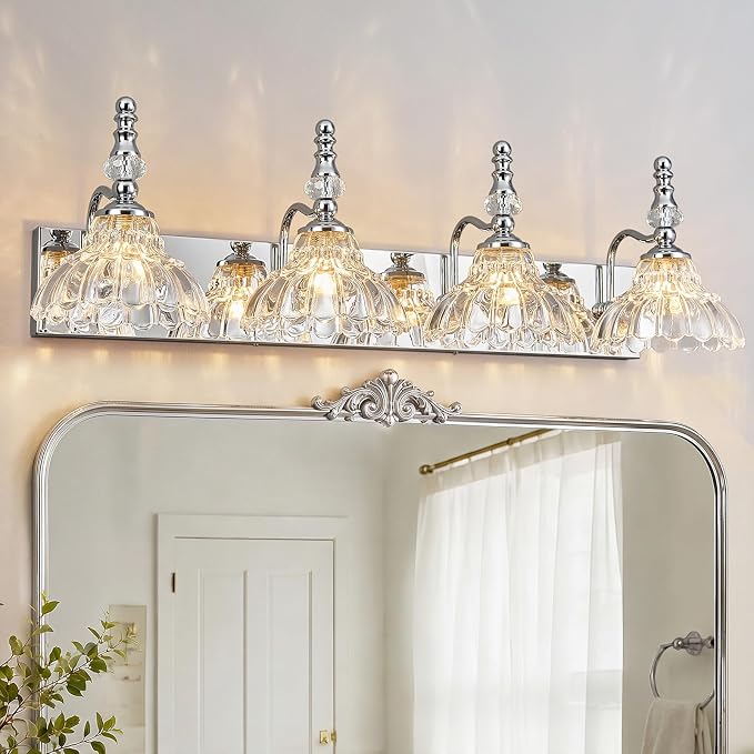 Vintage Bathroom Vanity Light, 4-Light Chrome Vanity Lighting Fixture with Flower Glass Shade, Bathroom Lighting Fixtures Over Mirror