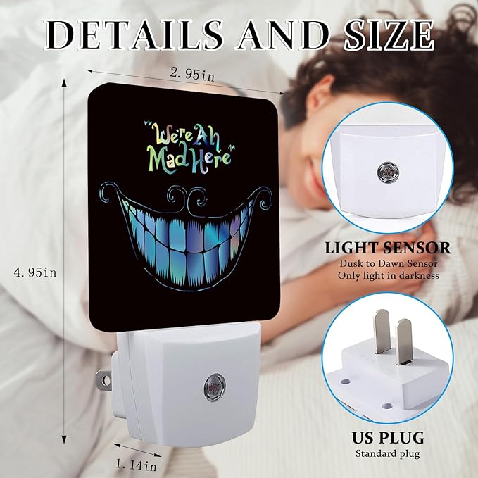 Halloween Alice Smile Night Light, Plug-into Wall We are Mad Here Nightlight Lamp with Dusk to Dawn Sensor, Led Lamp 0.5W Energy Efficient for Boys Girls Adults Home Decor