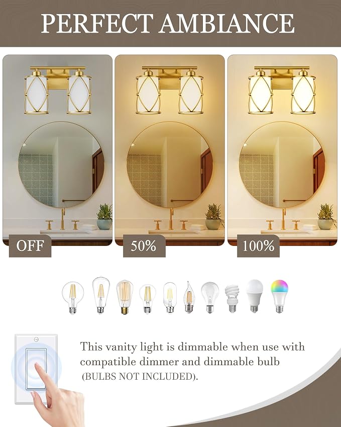 2-Light Brushed Gold Bathroom Light Fixtures with Milk Frosted Glass, 13.8" Modern Bathroom Vanity Lighting Fixtures Over Mirror with Metal Cage, Wall Sconce Lights for Bath, E26, CH9176BGW-2W