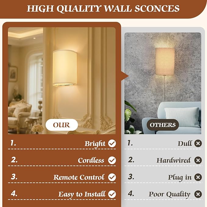 OCATO Wall Sconces Battery Operated Wireless Wall Sconces Set of Two | Battery Operated Magnetic Lamp Rechargeable Lights Dimmable with 16 RGB Walls Decor with Remote Timer for Bedroom Living Room