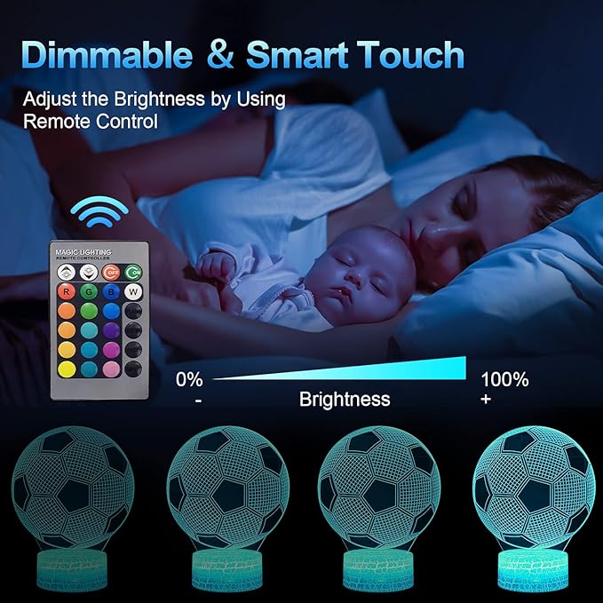Soccer Night Light, Soccer Gifts for Boys Girls or Decor, Beauty 3D Illusion Lamp with 16 Colors Change Remote Control, Decorative Desk Lamp Christmas Creative Birthday Gift Ideal for Sport Fans