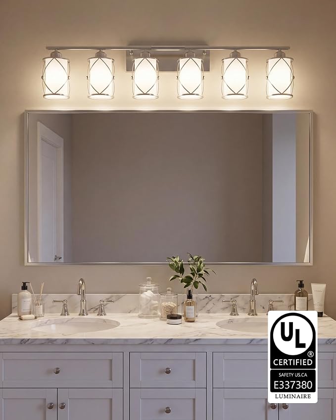 6-Light Brushed Nickel Bathroom Light Fixtures Over Mirror, 42" UL-Listed Modern Wall Sconce Lights with Milk White Frosted Glass and Metal Cage for Bath, Hardwire E26, CH9176BNW-6W
