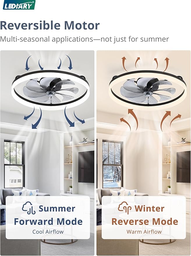 LEDIARY 23" Low Profile Ceiling Fans with Lights, APP & Remote, Black | Flush Mount, Dimmable LED, Quiet DC Motor, Reversible, 6 Speeds, Fandelier, for Bedroom