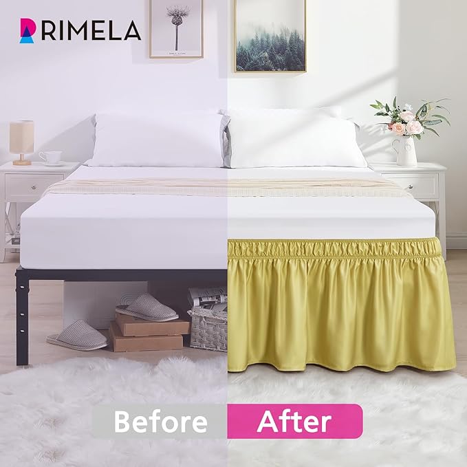 RIMELA Bed Skirt Queen Size Champagne Green 15 Inch Drop, Wrap Around Elastic Bedskirt, Dust Ruffle for Adjustable Bed Base Soft Durable Fabric Machine Washable Easy to Install Bed Skirts