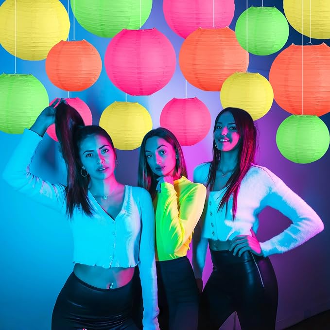 15-Pack Glow in the Dark Party Supplies, Neon Party Decorations | UV-Reactive Colorful Hanging Paper Lanterns for Birthday, Wedding, Baby Shower, Classroom Decor, Bars & Blacklight Events