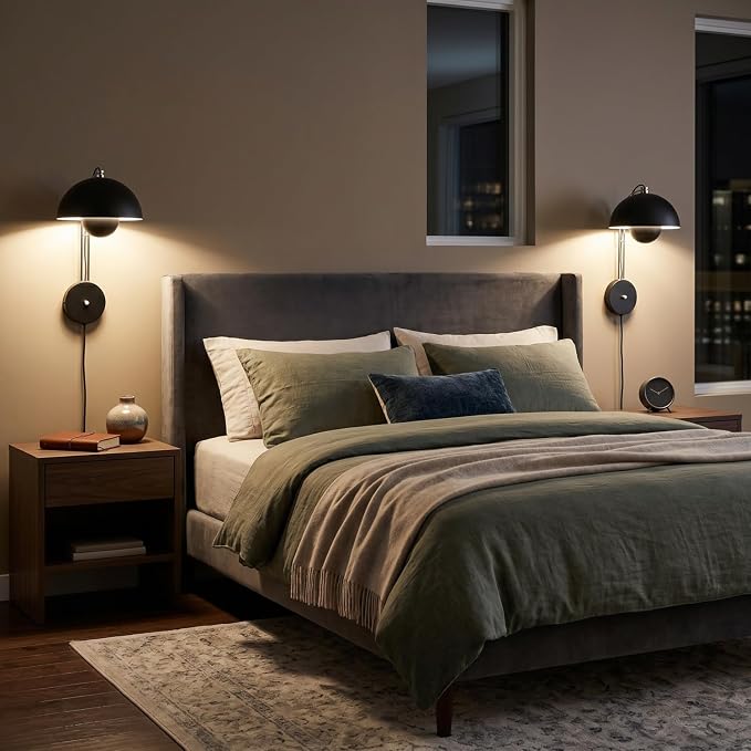 Mid-Century Modern Bud Plug in Wall Sconces for Bedroom, Glossy Black | Indirect lighting reading wall lamp, all-metal construction, plug-in or hardwired install, fits bedroom bedside, living room