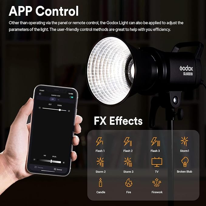 Godox SL60IIBi Bi-Color LED Video Light 75W, 2800K-6500K, CRI96+ TLCI97+, 25100Lux@1m, Bowens Mount LED Continuous Output Light w/11 FX Effects, APP/2.4G Wireless Control, Dimmiable Brightness