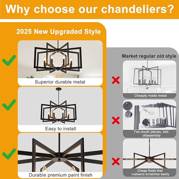 27.6"Modern Black Chandelier for Dining Room, 8-Light Easy To Install Farmhouse Dining Room Light Fixture Over Table, Industrial Hanging Pendant Lights for Kitchen Island, Living Room, Foyer, Entryway