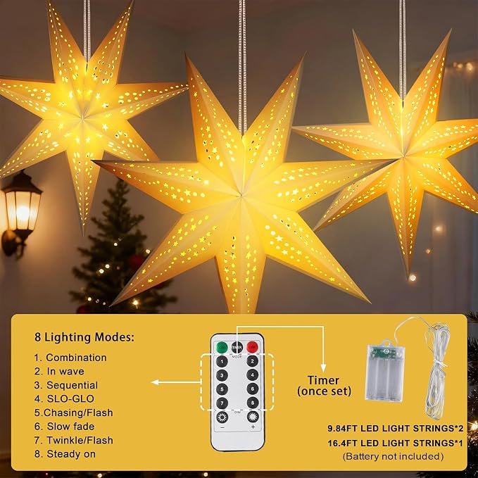 Large Paper Star Lanterns with Lights, 3D 7 Pointed Christmas Paper Lanterns, 3Pcs Foldable Decorative Christmas Hanging Decorations for Xmas Wedding New Year Party Home Decor Indoor, 24/18 Inch