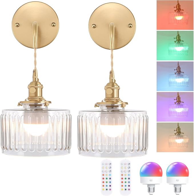 Shenmoyl Battery Operated Wall Sconce with Clear Striped Shade Pattern Glass Adjustable Chain Retro Gold Wall Mounted Light, Modern Wall Decor for Bedside Bedroom Indoor Doorway， Set of 2