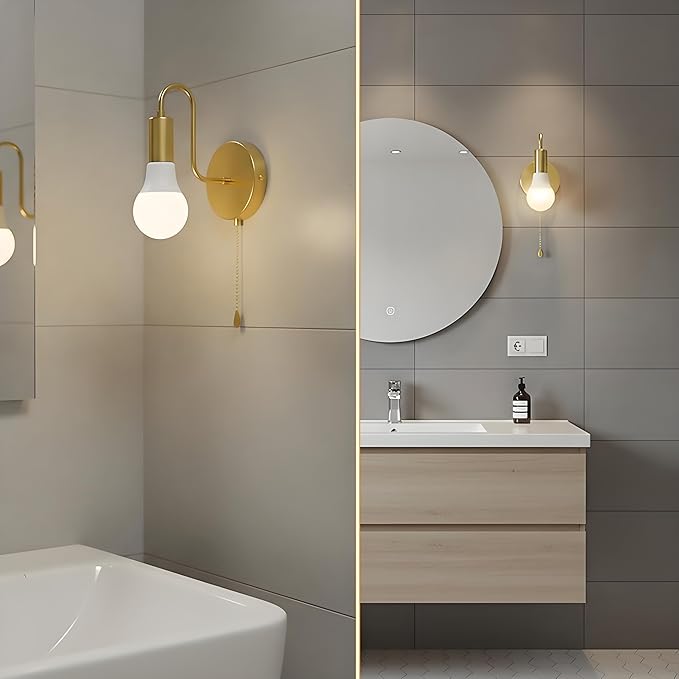 Hardwired Wall Sconce with Pull Chain Set of 2 Gold Metal Light Fixture with On Off Switch E26 Vintage Indoor Wall Lighting for Mirror Hallway Bedroom, No Bulb