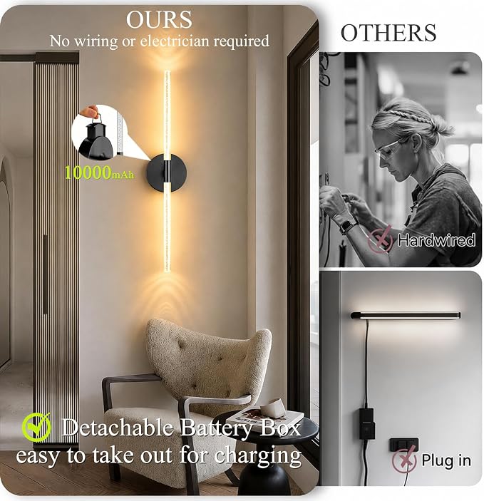 10000mAh Battery Operated Wall Sconce Lights Set of 2(Black,Bubble Crystal) | Rechargeable Wireless Wall Lights, Touch & Remote Control, 4CCT Dimmable Cordless Lamp for Bedroom Living Room Hallway 31.5in