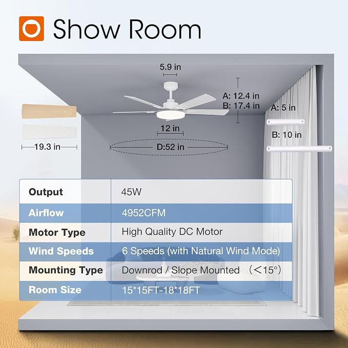 addlon 52 Inch Ceiling Fans with Lights and Remote Control, Wall Switch | Reversible DC motor, 6-speed, Timer, 3CCT Dimmable, Quiet, White Ceiling Fan for Bedroom, Living Room, Indoor/Outdoor Use