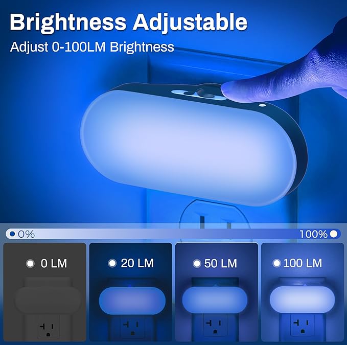 DORESshop Blue Night Light, Auto On/Off, 0-100 LM Adjustable Brightness, Dimmable Plug Into Wall Night Light for Kids Room, Bedroom, Stair Lights, Blue, 1W, 2 Pack