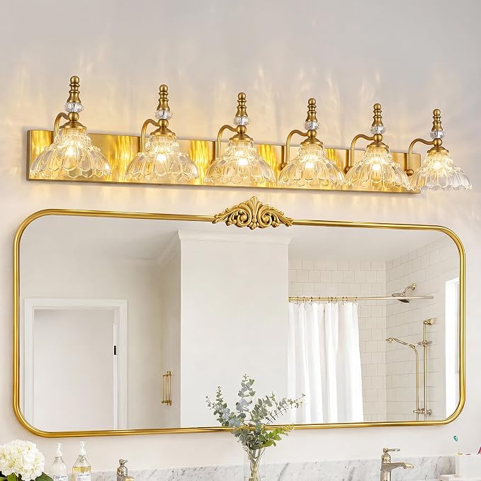 Vintage Bathroom Vanity Light, 6-Light Gold Vanity Lighting Fixture with Flower Glass Shade, Bathroom Lighting Fixtures Over Mirror