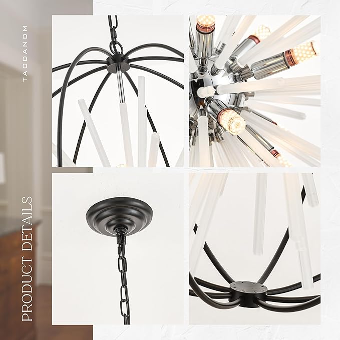 31.5" Black Chrome Large Globe Sputnik Chandelier, 16-Light Mid Century Modern Glass Tube Satellite Light Fixture for High Ceiling Living Room Dining Room Entryway Stairway, E12