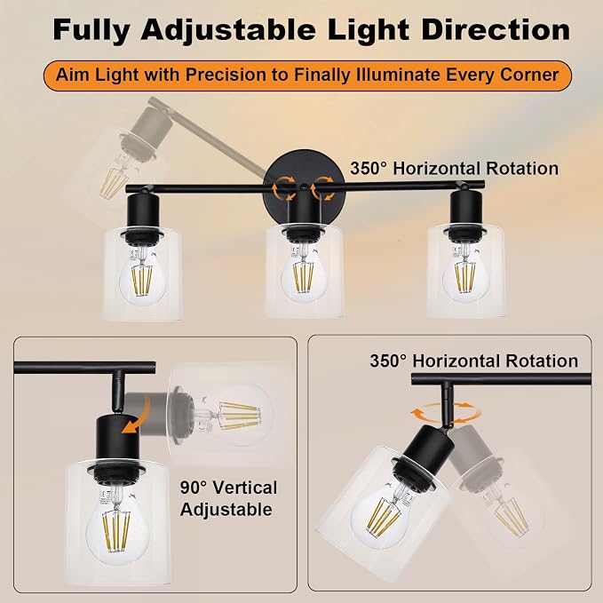 HiBay 3-Light Track Lighting Fixture Black, Ceiling Wall Mount Spotlights | Adjustable 3 Heads with Glass Shades, Modern Farmhouse Industrial, for Kitchen Island, Bathroom, Bedroom, E26 Base