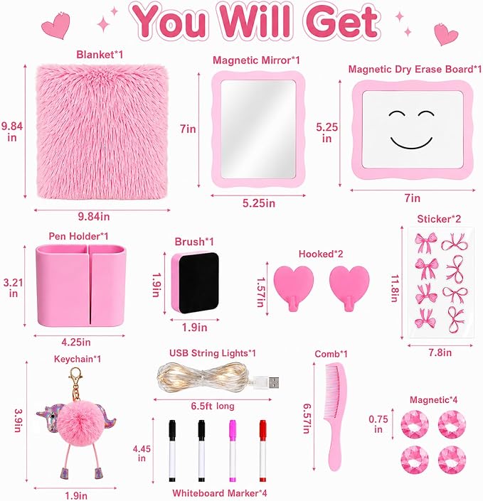 20 PCS Pink Locker Accessories Kit Back to School for Girls | Locker Decorations with Magnetic Mirror Dry Erase Whiteboard Pen Holder Rug String Lights Markers Magnets Hooks and Stickers