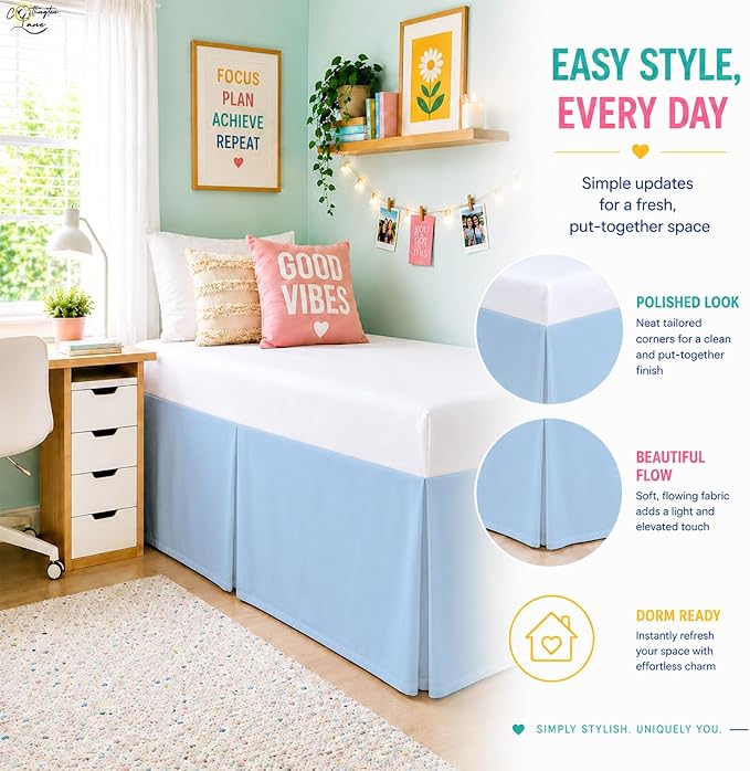 Cottington Lane Tailored Box Pleated College Dorm Bed Skirt Twin XL, Hotel Quality Premium Brushed Microfiber Extra Long Bedskirt Twin XL 60 Inch Drop, Light Blue Dorm Bedding