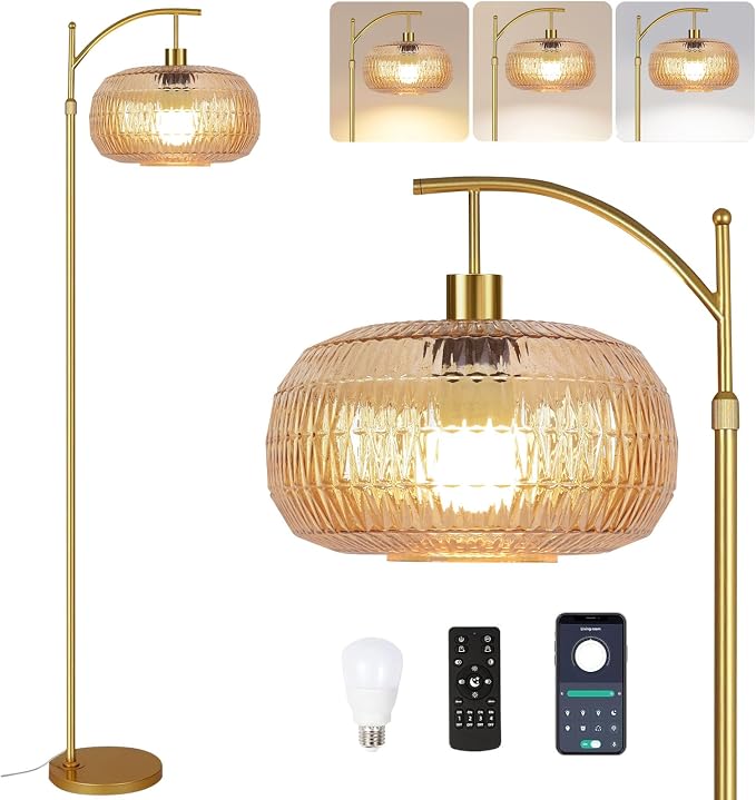 ILLMTW Glass Floor Lamp for Living Room,Bedroom,Gold Mid Century Modern Standing Lamp with Remote,Dimmable Brass Tall Lamp Amber Lamp Vintage Retro Arc Floor Lamps Floor Light Boho Bohemian
