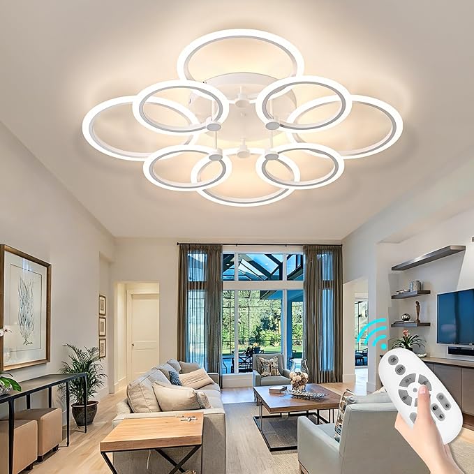 LED Ceiling Light, 8-Ring Modern Flush Mount Fixture, 145W Dimmable 3000K–6500K, White Ceiling Light with Remote for Living Room Bedroom Kitchen (35.4")
