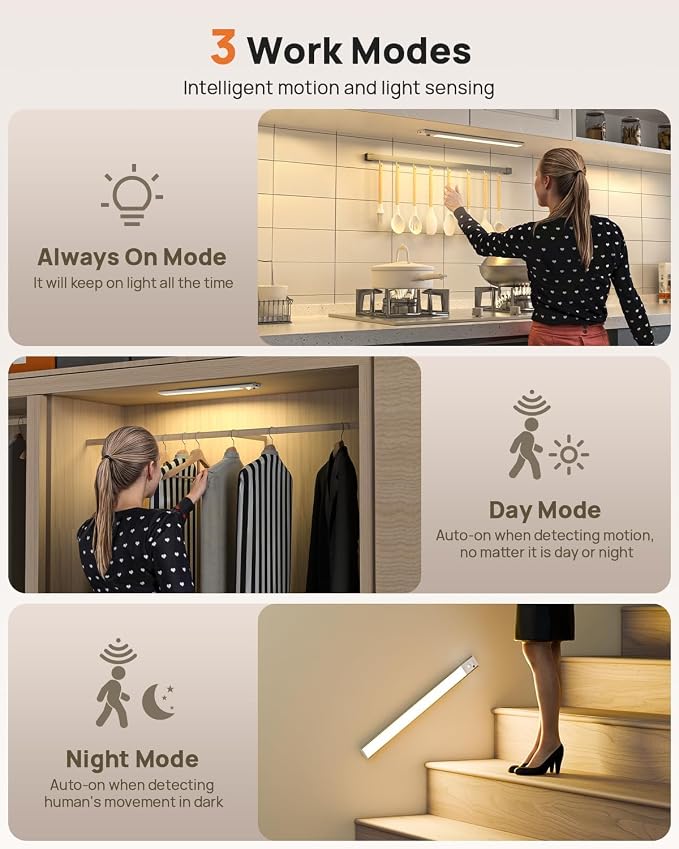 16inch Under Cabinet Lighting Wireless 3 Pack, Rechargeable Motion Sensor Light Indoor, Closet Lights with Remote, 3 Color Temps & Dimmable, Magnetic Under Counter Lights for Kitchen, Stairs, Pantry