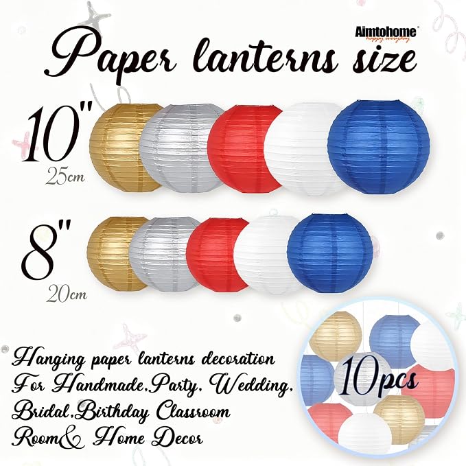 Paper Lanterns Set (10 Pcs)- 8/10 Inch Royal Blue, Red, White, Gold & Silver Round Hanging Paper Lanterns for Wedding, Birthday, Patriotic Holiday, Party Decor, Baby Showers & Home Accents
