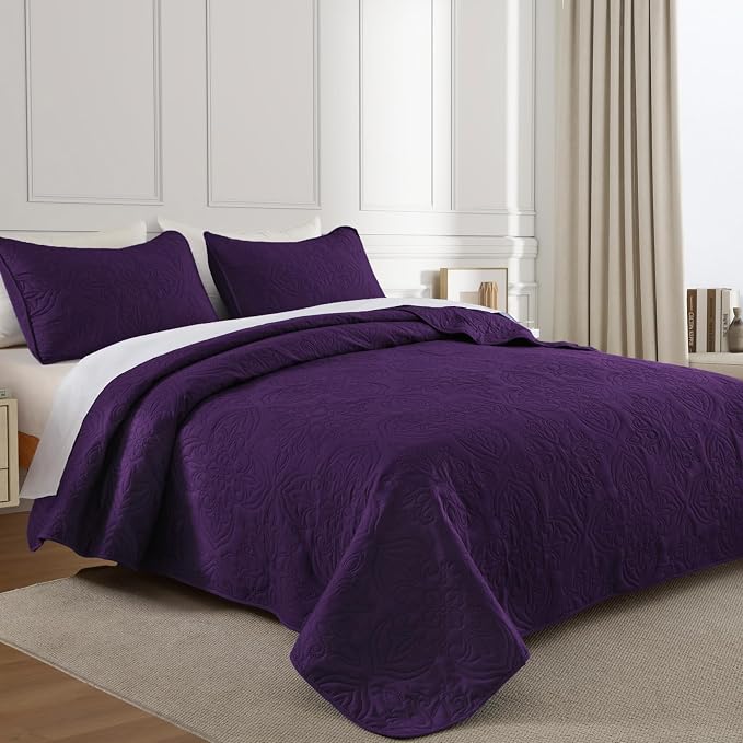 Whale Flotilla King Quilt Bedding Set Vintage Damask Reversible Bedspread | Suitable for Bed, 3 Pieces Purple Lightweight Breathable Quilt King Size, Ultrasonic Coverlet Bed Cover with 2 Pillow Shams