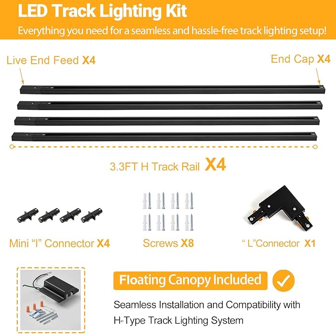 VANoopee 13FT H Track Lighting Rails with Floating Canopy Connector, Black H Type Track Lighting Kit, End Caps, Live End Feeds, I T & L Connectors, Compatible with Single Circuit H Style Track System