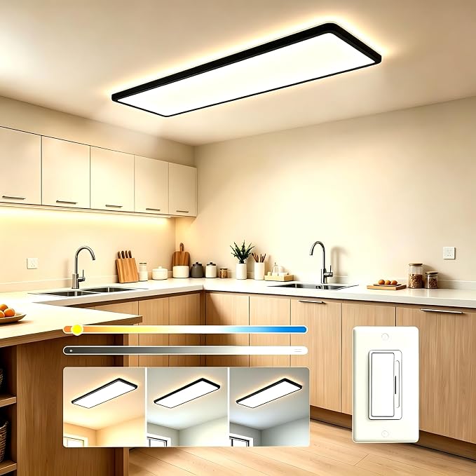 1Pack Black 37.8In Flush Mount Ceiling Light, 24W 5280lm Thyristor (TRIAC) Dimmable Rectangle LED Ceiling Light,3-CCT 3000-6500K with Memory Funcation,IP54 for Kitchen/Bathroom/Hallway/Office