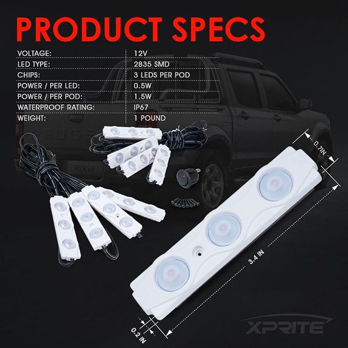 Xprite Pink LED Truck Bed Light Kits with On/Off Switch, for Pickup Exterior Interior Rock Neon Lights, Footwells, Running Boards, Cargo, Underglow, Tonneau Cover, Rail Lighting - 8 PCs