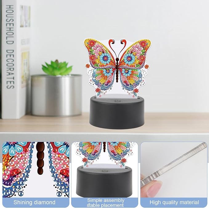 JISHSHAY Diamond Painting Night Light Diamond Art Table Lamps Gem Art LED Lights Gem Painting Desk Lamp Mosaic Kits for Adults DIY Kits for Adults Paint by Numbers Special Shaped Butterfly
