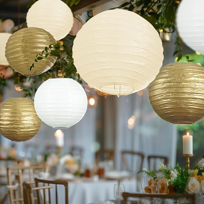 UNIQOOO 18PCS Metallic Gold Paper Lantern Wedding Decoration Set, Assorted Hanging Gold Japanese Paper Lantern, Reusable Easy Assemble, For New Year Christmas Birthday Baby Shower Party Favor Supplies