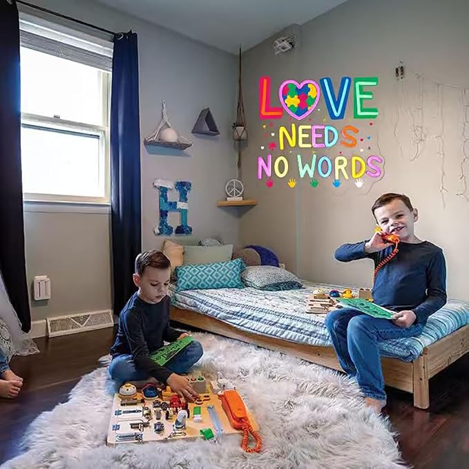 Autism Neon Sign Love Needs No Words Neon Sign for Wall Decor, Dimmable Autism Awareness LED Light Sign for Bedroom Office Classroom, Ideal Gifts for Autistic Children