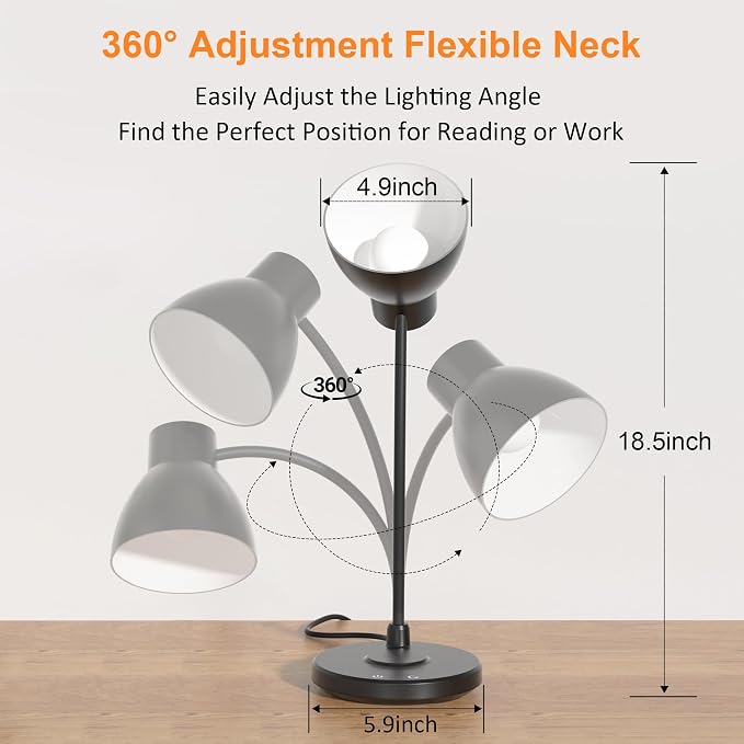LED Desk Lamp for Home Office with Wireless Charger, Black | 3 Color Modes Dimmable Eye-Caring Study Reading Dorm Desk Lamp, 360° Flexible Arm Table Lamp for College Dorm Room, 800 Lumen