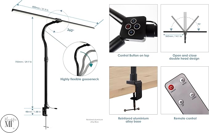 LED Desk Lamp with Clamp, Dimmable Gooseneck Task Light for Home Office, Eye-Caring Study Lamp, Adjustable Clip-On Light for Workbench & Small Desk – Black