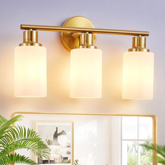 DLLT 3-Light Bathroom Light Fixtures: Gold Modern Vanity Lights with E26 Bulbs - Milky White Glass Shade Bathroom Wall Lamp for Mirror Kitchen Living Room Hallway Cabinet Porch