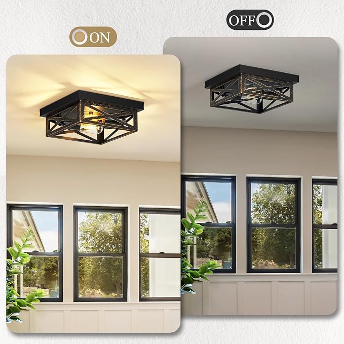 SKEJAO Black Flush Mount Ceiling Light Fixture,2-Light Square Rustic Vintage Metal Black Hallway Light Fixtures Ceiling for Farmhouse,Kitchen,Hall,Bedroom (2 Pack)