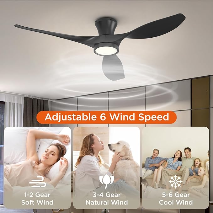 TALOYA 52 Inch Ceiling Fan with Led Light Remote Control Flush Mount Low Profile for Bedroom Farmhouse Patio Outdoor Living Room Kitchen Dining Room,DC Motor,Reversible,Black