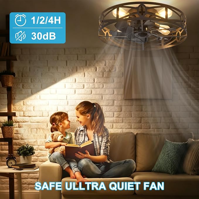 Depuley Flush Mount Ceiling Fan: 20" Caged Ceiling Fans with Remote Control for Patio Kitchen Bedroom - Low Profile Fandelier Lights Fixture Reversible 6 Speed Timer Black 4*E26 Bulb Not Included