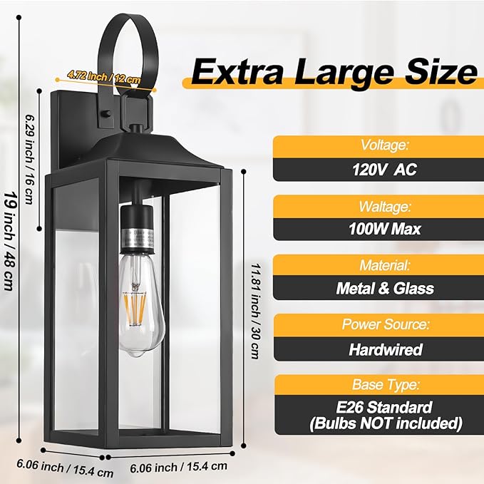 19" Large Outdoor Light Fixture 2 Pack, Black Exterior Lighting Fixtures | Anti Rust Porch Lights Outdoor, Modern Wall Lantern Coach Lamps Sconce, Outside Lights for House, Doorway, Garage, Patio