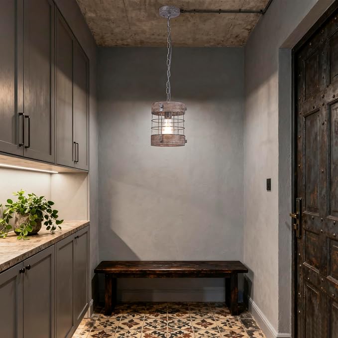 Farmhouse Pendant Light, Rustic Hallway Light Fixtures, Industrial Metal and Wood Chandelier 1-Light Round Cage, for Kitchen Island Foyer Hallway Bar Dining Room Entryway, D 7.9" X H 8.7" (Sliver)