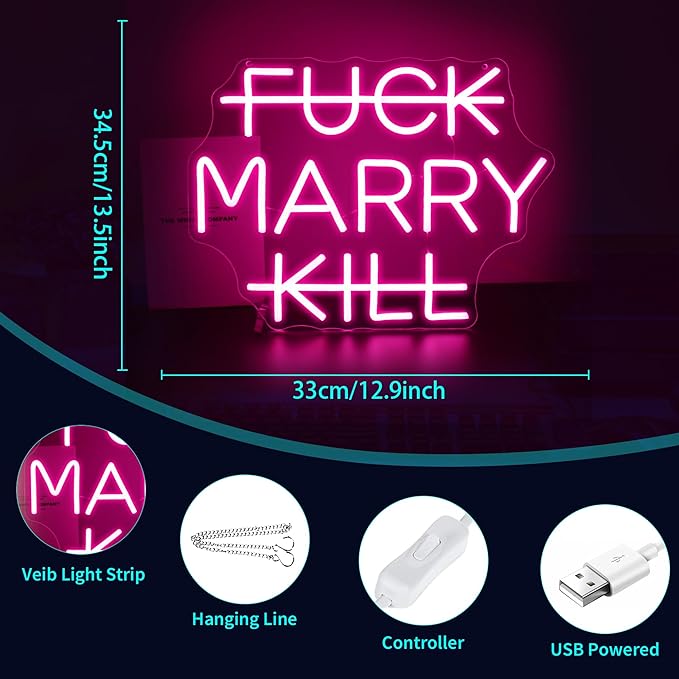 Marry Neon Sign, HSJNJKFU Pink LED Light Neon Signs for Wall Decor Wedding, Proposal, Anniversary, Celebration, Party, Room Decor, Bar Beer Signs for Man Cave - USB Powered