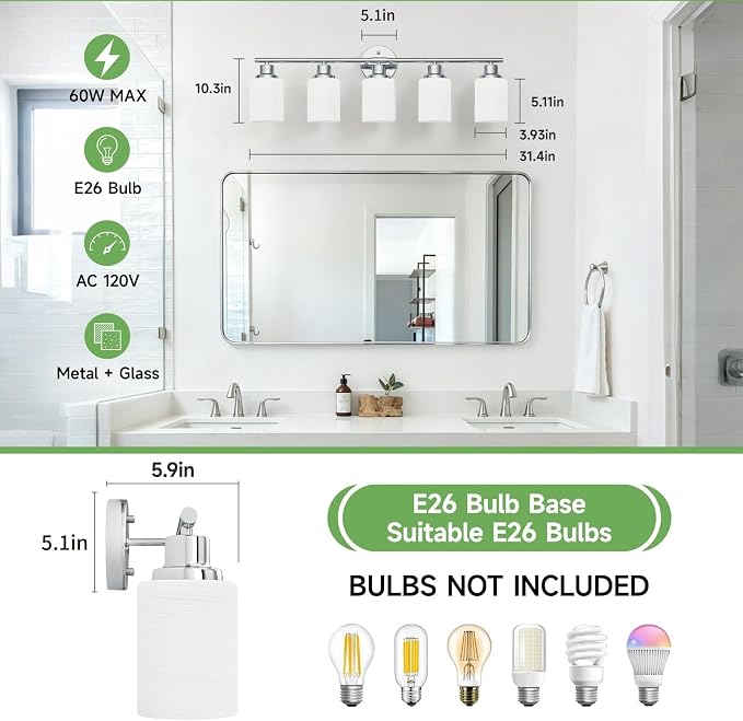 5-Light Chrome Vanity Lights for Mirror, Bathroom Light Fixtures with Textured Milky White Glass Shade, Modern Kitchen Light Fixtures Wall Sconce Light
