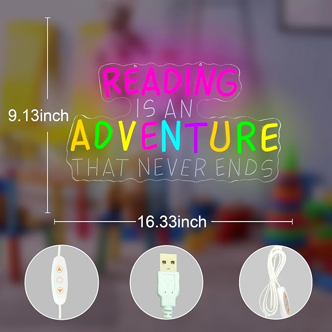 Colorful Reading Classroom Neon Sign Reading Is An Adventure That Never Ends Neon Light for Wall Decor School Classroom LED Sign for Kids' Room Read Corner Study Room Neon Wall Art for Teacher