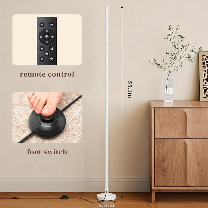 Corner Lamp, Minimalist LED Floor Lamp, White, 1 Pack | Remote Control, Dimmable, 24 W, 7 Color Temperature 3000K-6000K, For Living Room, Bedroom, Home Office