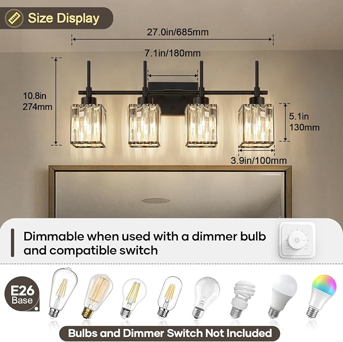 Torondo Modern Crystal Bathroom Vanity Light 4-Lights Matte Black Bathroom Light Fixtures Over Mirror Matte Black Vanity Lighting Fixtures Square Shade Brass Wall Sconce (Bulbs Not Include)